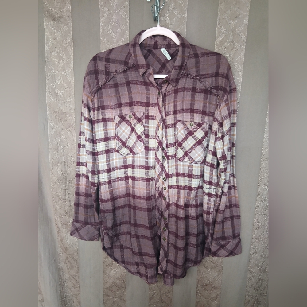 💎 Free People Women's Top Dip Dye Flannel Style Plaid Button-Up Ombre #0372